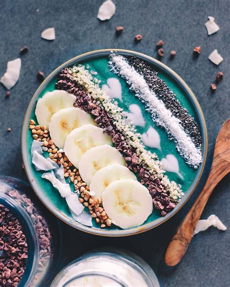 Spirulina Smoothie Bowl Topped With Coconut Buckwheat Banana Cacao
