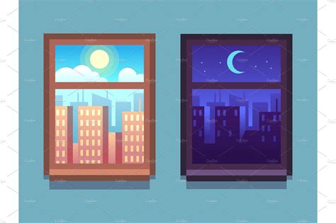 Day And Night Window Cartoon Night Window Window Illustration