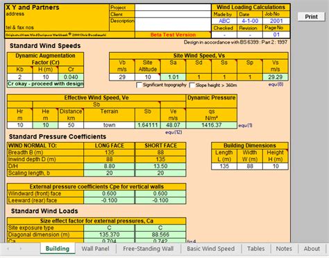 Wind Loading Calculations Excel Sheets