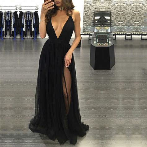 Black Prom Dresses Hot A Line V Neck Long Party Dresses Sexy Tulle