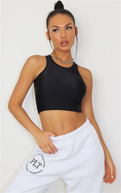 Black Slinky Fitted Racer Crop Top Prettylittlething Usa
