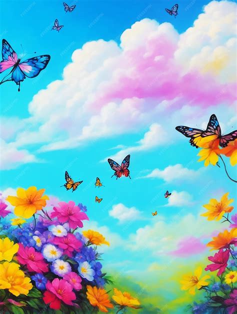 Premium Ai Image Mysterious Paradise Butterfly Flowers Fluffy Clouds