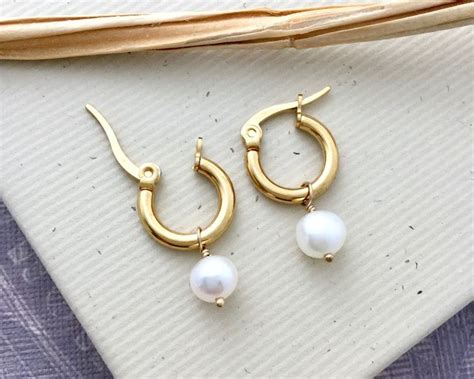 Dainty Pearl Hoop Earrings Small 12mm Gold Huggie Etsy Pearl Hoop