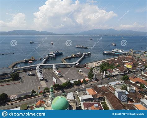 Aerial View Of Port In Banyuwangi Indonesia With Ferry In Bali Ocean