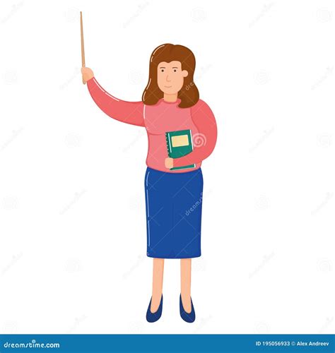 Teacher Female Character Standing Hold Hand School Wooden Pointer