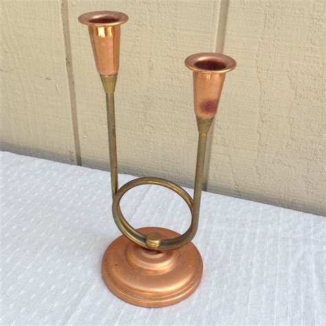 Brass And Copper Double Candlestick Holder By Thevintagerosestore