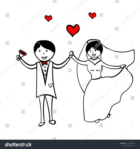 Hand Drawing Cartoon Happy Couple Wedding Royalty Free Stock Vector