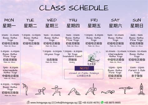 Schedule Living Yoga Singapore 生活瑜伽