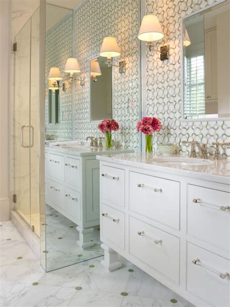 White Traditional Bathroom With Bold Patterned Wallpaper Hgtv