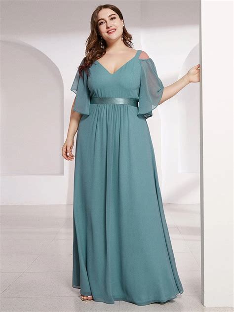 Plus Size Womens Off Shoulder Bridesmaid Dress Evening Gown With Ruffle Sleeves Long Sleeve