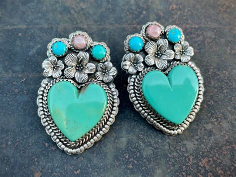 Sterling Silver Turquoise Heart Earrings With Rose Quartz Southwestern