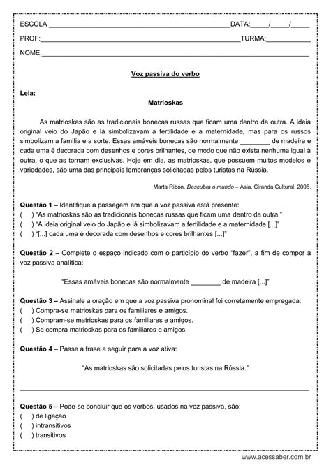 Atividade De Português Voz Passiva Do Verbo 8º Ano