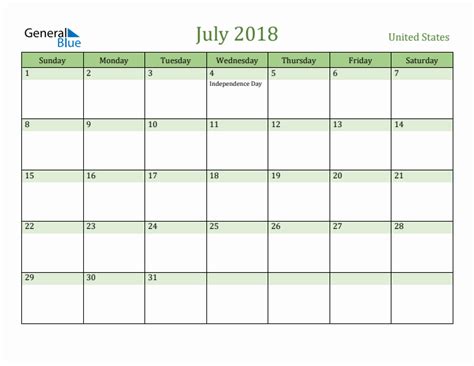 July 2018 Monthly Calendar With United States Holidays
