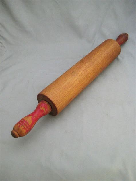 Vintage Wooden Rolling Pin Red Painted Handles Kitchen Utensil