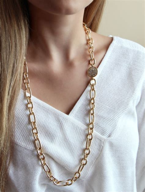 Long Gold Chain Necklace Gold Pave Necklace Long Layering Necklace