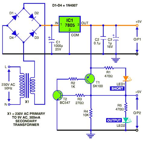 5v Dc Regulated Power Supply With Short Circuit Protection Electronic Schematic Diagram