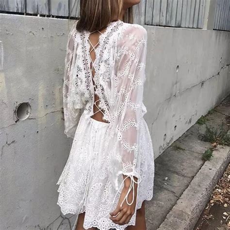 White Boho Dress 2017 New Beach Wear Summer Short Dresses Batwing Long Sleeve Sexy Back Floral