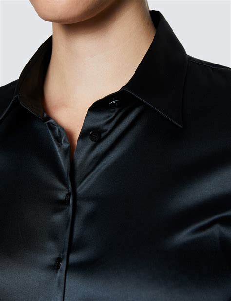 satin women s fitted shirt with single cuff in black hawes and curtis