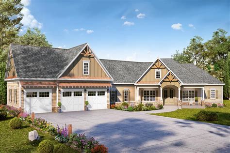 Expanded Country Craftsman Home Plan With 3 Car Angled Garage