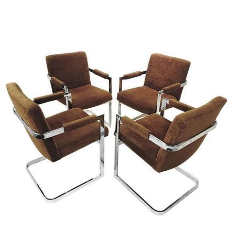 Six vintage, mid century modern chrome dining room chairs original velvet upholstery. Set of Four Brown Velvet Milo Baughman Chrome Cantilever ...