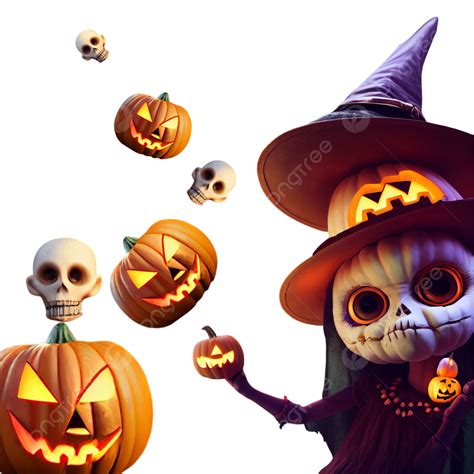 Cute Halloween Witch And Falling Skulls Jack O Lanterns Halloween