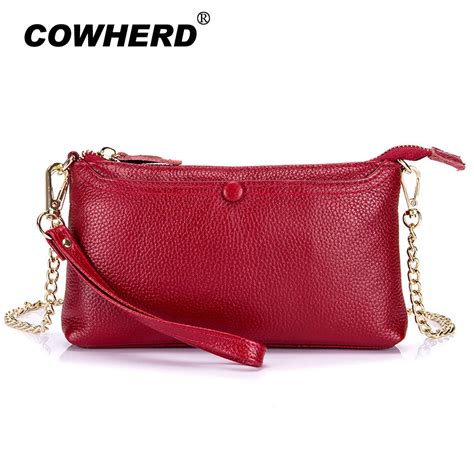 Pure Genuine Leather Women Clutch Bags Chain Shoulder Bag Real Cowhide