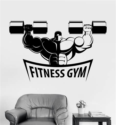 Vinyl Wall Decal Fitness Gym Muscled Bodybuilding Dumbbells Sports