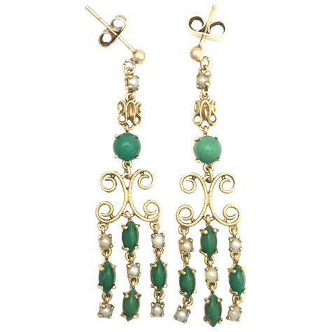 Antique 9K Gold Turquoise Seed Pearl Chandelier Earrings Corvidae