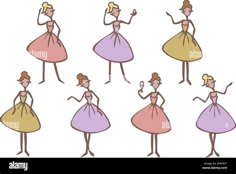 Vector Set With Lady Cartoon Character Ladies In Colorful Dresses In