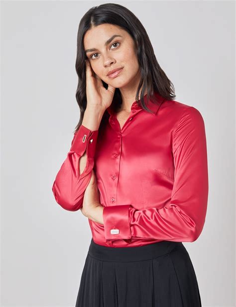women s fitted satin shirt with double cuff in red hawes and curtis usa