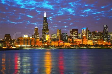 Chicago Downtown Cityscape In The Night Stock Image Colourbox