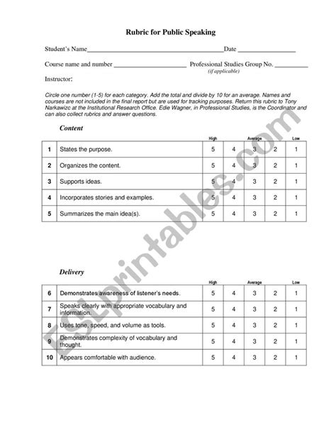 Public Speakingaudience Participationoral Rubric Esl Worksheet By