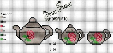 The Cross Stitch Pattern Shows Three Teapots With Flowers On Them And