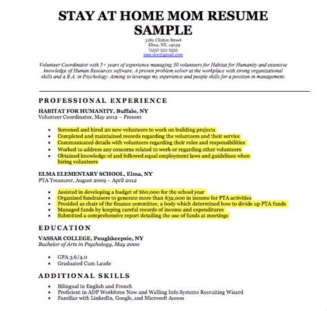 Let your experience section be the focal point of your resume, and add in a summary statement. stay at home mom resumes samples