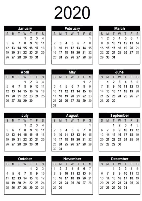 Collect Year At A Glance Calendar 2020 Free Editable Calendar