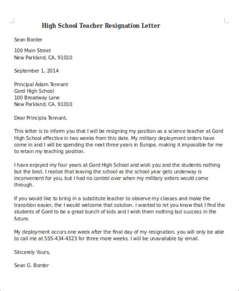 Free 4 Sample Teaching Resignation Letter Templates In Ms Word