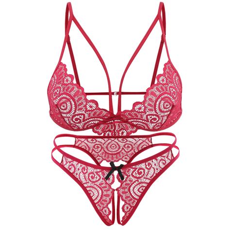 Sexy Women Bikini Suits Seamless Lace Panties Open Crotch Thong Rosered Embroidery Bra