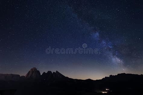 Milky Way Over Alpe Di Siusi Or Seiser Alm With Alps Peaks Sassolongo