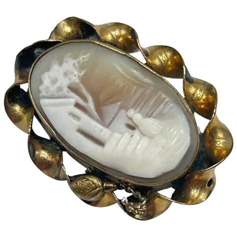 Vintage Carved Genuine Shell Cameo Brooch Rebecca At The Well Scenic