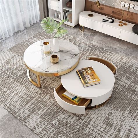 nesnesis modern round sintered stone nesting wood coffee table with drawers in white marble