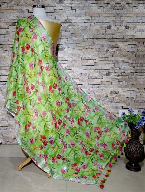 Ravishing Green Floral Print Digital Linen Dupatta Loomfolks