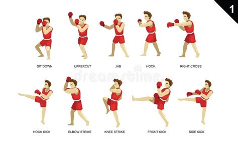 Various Boxing Poses Manga Man Cartoon Vector Illustration Set 1 Stock