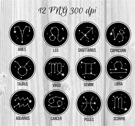 Zodiac Signs And Their Names On A White Wooden Background