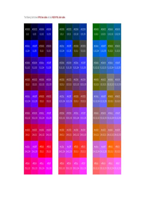 Sample Rgb Color Chart Rgb Hex Colour Chart Cheat She