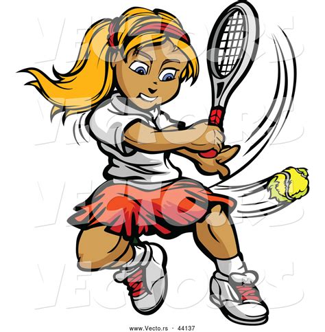 Vector Of A Competitive Cartoon Female Tennis Player Hitting A Ball By