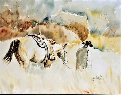 A Watercolor Painting Of A Man Leading A White Horse In The Snow With A