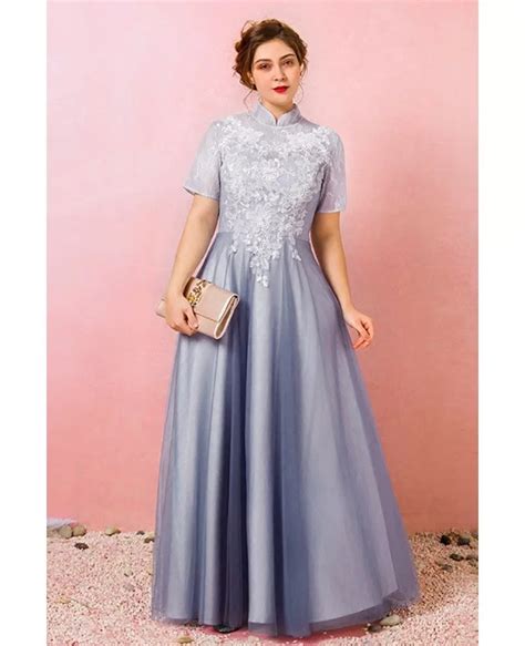 Custom Dusty Blue Modest Lace Formal Dress With Collar Short Sleeves