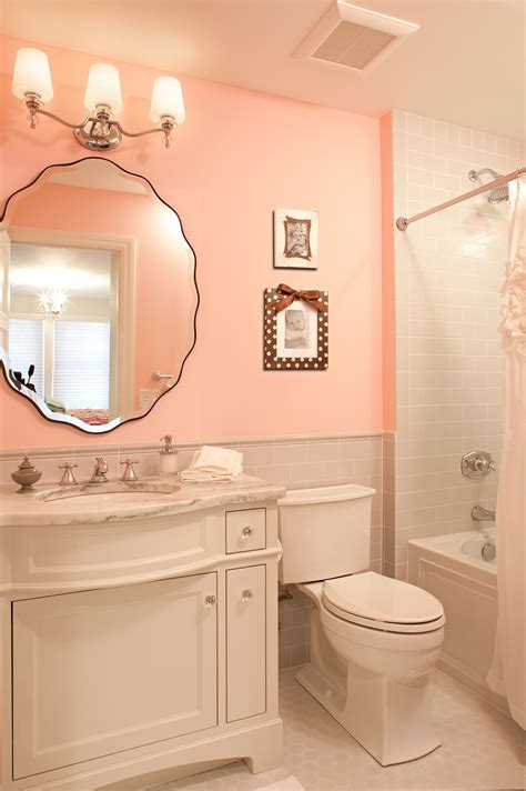 Beautiful Light Pink And Gray Bathroom And Beveled Vanity For A Girls