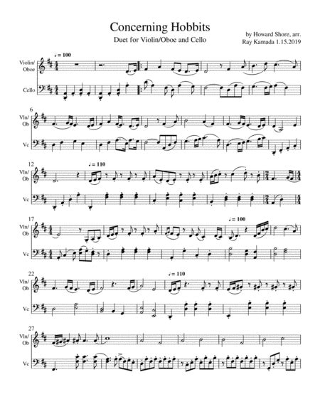 Concerning Hobbits Duet For Violin Or Oboe Or Viola And Cello Music