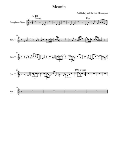 Moanin Sheet Music For Saxophone Tenor Solo